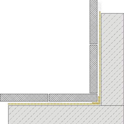 Diagrama técnico que muestra el detalle de instalación de la membrana impermeabilizante Durabase WS WSE120 de Dural en esquina de pared a suelo.