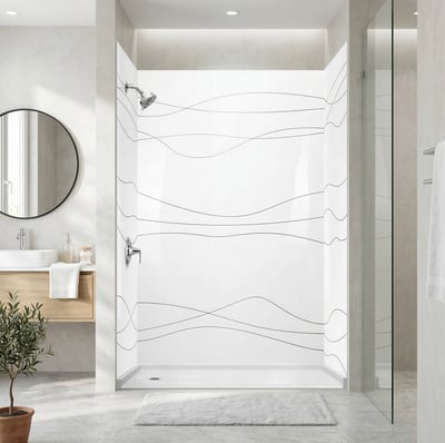Kit de pared de ducha de 3 piezas de acrílico blanco FlowState con patrón de ondas y grifería cromada Moen en un baño moderno