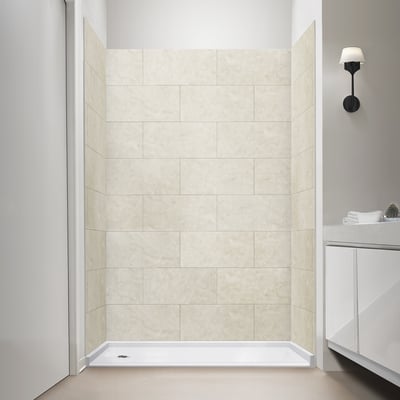 Ella accessible shower stall with marble beige grout-free wall panels and white low-threshold shower base