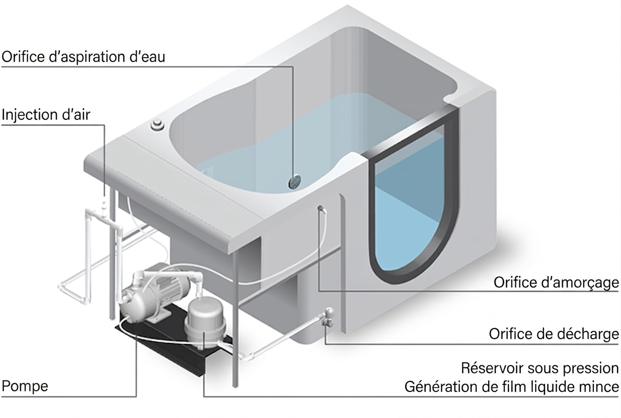 Schéma en coupe de la baignoire à porte Ella, montrant la pompe, l'orifice d'amorçage, l'orifice de refoulement, le réservoir sous pression et le système d'infusion de microbulles à film liquide