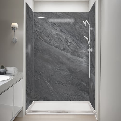 Ella accessible shower stall with dark Bardiglio marble wall panels, handheld showerhead, and low-threshold white shower base