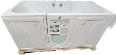Ella Big4Two two-seat walk-in bathtub with outward swing door, chrome faucet controls, and low-step entry on pallet