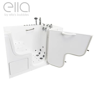 Ella's Bubbles Transfer32 wheelchair accessible walk-in tub with wide outward-swing door open showing hydro jets and grab bar
