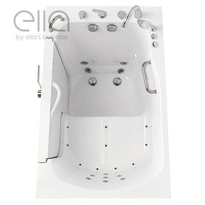 Overhead view of Ella's Bubbles Ola walk-in tub with hydro and air jets, chrome faucet set, and side grab bar