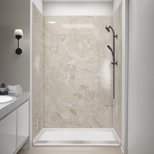Ella accessible shower stall with Marble Sands wall panels, matte black slide bar, handheld showerhead, and white low-threshold base