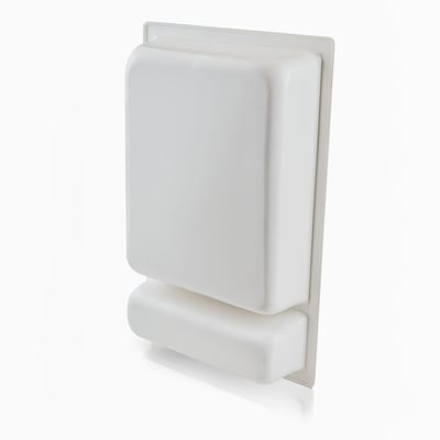 White acrylic Ella's Bubbles shower soap niche with built-in dispenser holder shown from the back angle