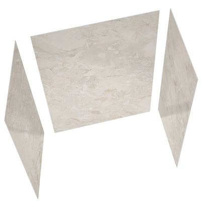 Three-piece Marble Sands acrylic shower wall panel set in cream and beige stone pattern for accessible shower installation