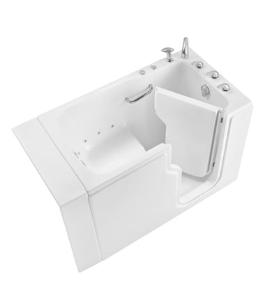 Ella Standard 30x52 white acrylic hydro therapy walk-in bathtub with open door, chrome grab bar, and whirlpool jets