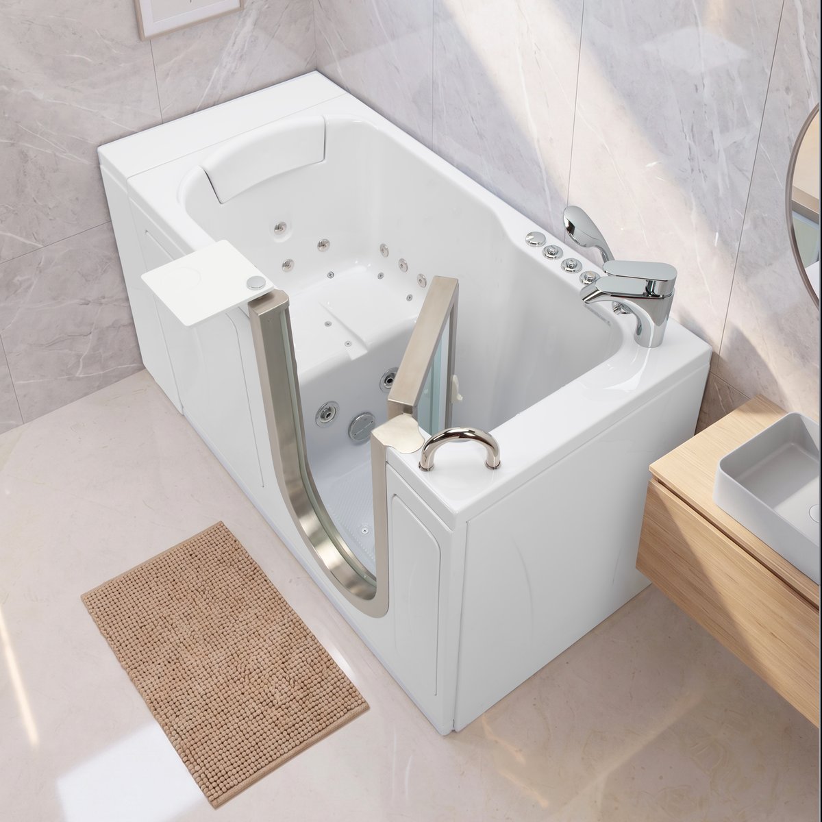 Ella Petite 28x52 walk-in tub with stainless steel door in a bright marble bathroom