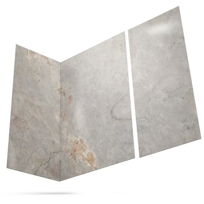 Three-panel acrylic shower wall set in Gilded Stone finish with gray marble veining and warm beige accents