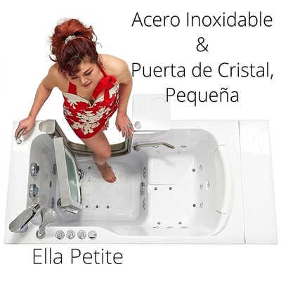 Mujer con bañador rojo entrando en la bañera con puerta Ella Petite con puerta de acero inoxidable y vidrio - vista aérea