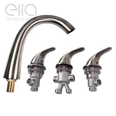 Ella's Bubbles brushed nickel walk-in tub faucet spout with three lever handles and valve hardware components