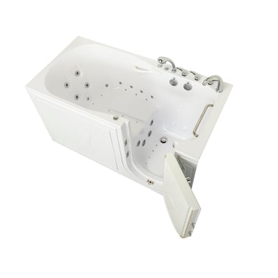 White Ella walk-in tub with outward swing door open showing hydro and air massage jets, grab bar, and chrome faucet fixtures