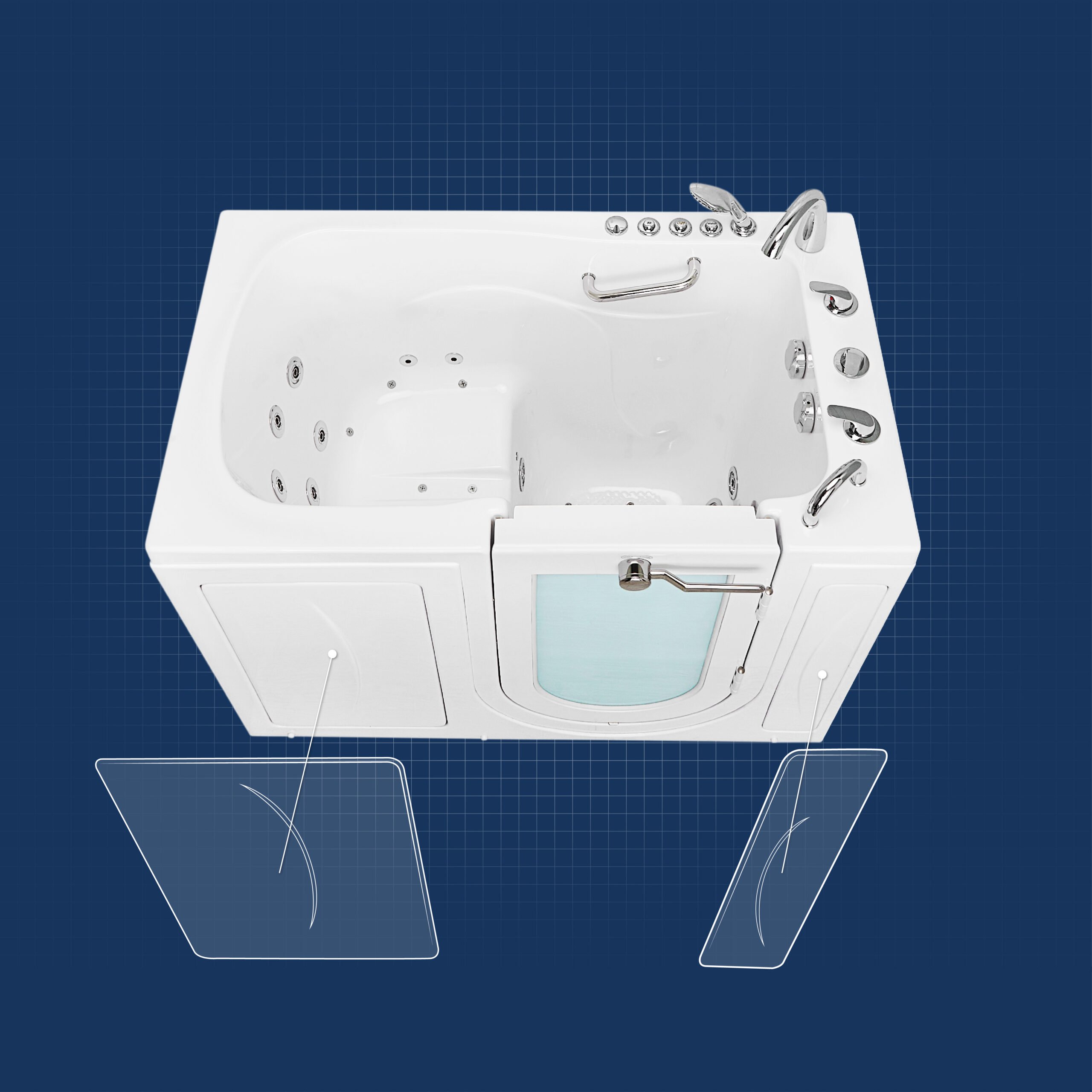 Diagram of an Ella walk-in tub with the two removable front access panels highlighted