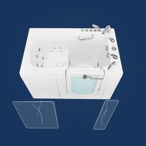 Ella walk-in tub with dual removable access panels highlighted on a blue blueprint-style background showing hydro jets and chrome fixtures