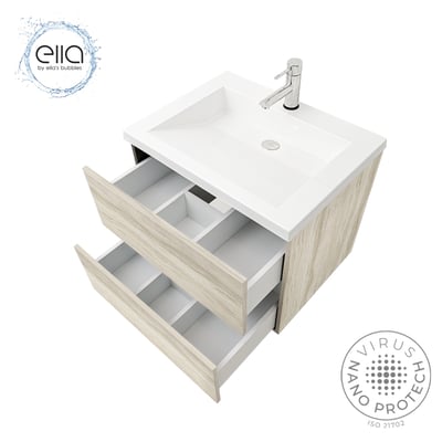 Meuble-lavabo de salle de bain Ella en chêne clair avec deux tiroirs de rangement ouverts et lavabo intégré blanc avec robinet chromé