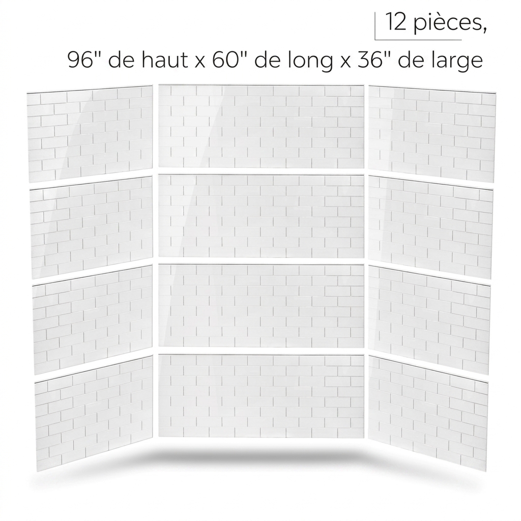 Kit de panneaux muraux de douche Ella 12 pièces en SMC blanc à carrelage métro, 96 pouces de haut sur 60 pouces de long et 36 pouces de large
