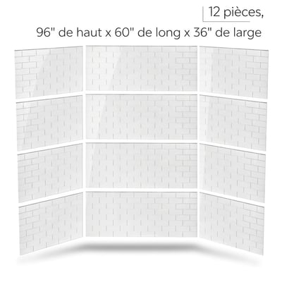 Kit de 12 panneaux muraux de douche à motif de carreaux de métro blancs mesurant 96 pouces de haut par 60 pouces de long par 36 pouces de large