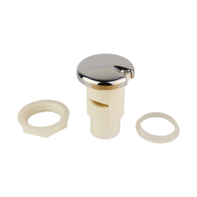 Chrome push-button air jet flow rate control fitting with plastic body, lock nut, and washer for walk-in tub installation