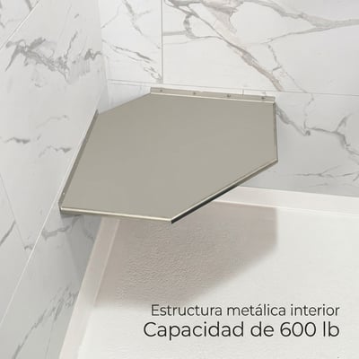 Asiento de ducha de acero inoxidable de montaje en esquina con estructura metálica de capacidad de 272 kg instalado en esquina de cabina de ducha accesible