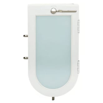 Close-up of a white walk-in tub outswing door with frosted glass panel and 3 chrome safety latches