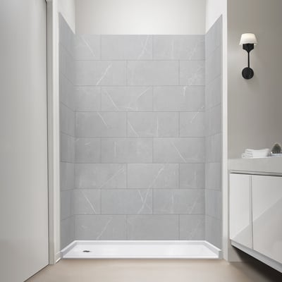 Ella accessible shower stall with gray Carrara Iris grout-free wall panels and white low-threshold shower base