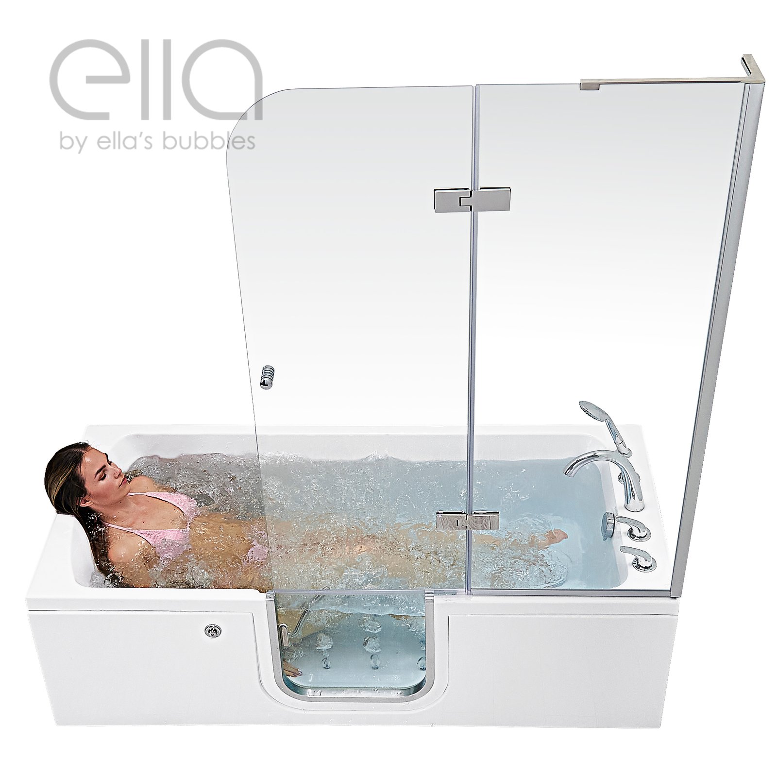 Woman in pink swimsuit relaxing in an Ella Laydown 72 walk-in tub with active hydro jets and glass shower panel