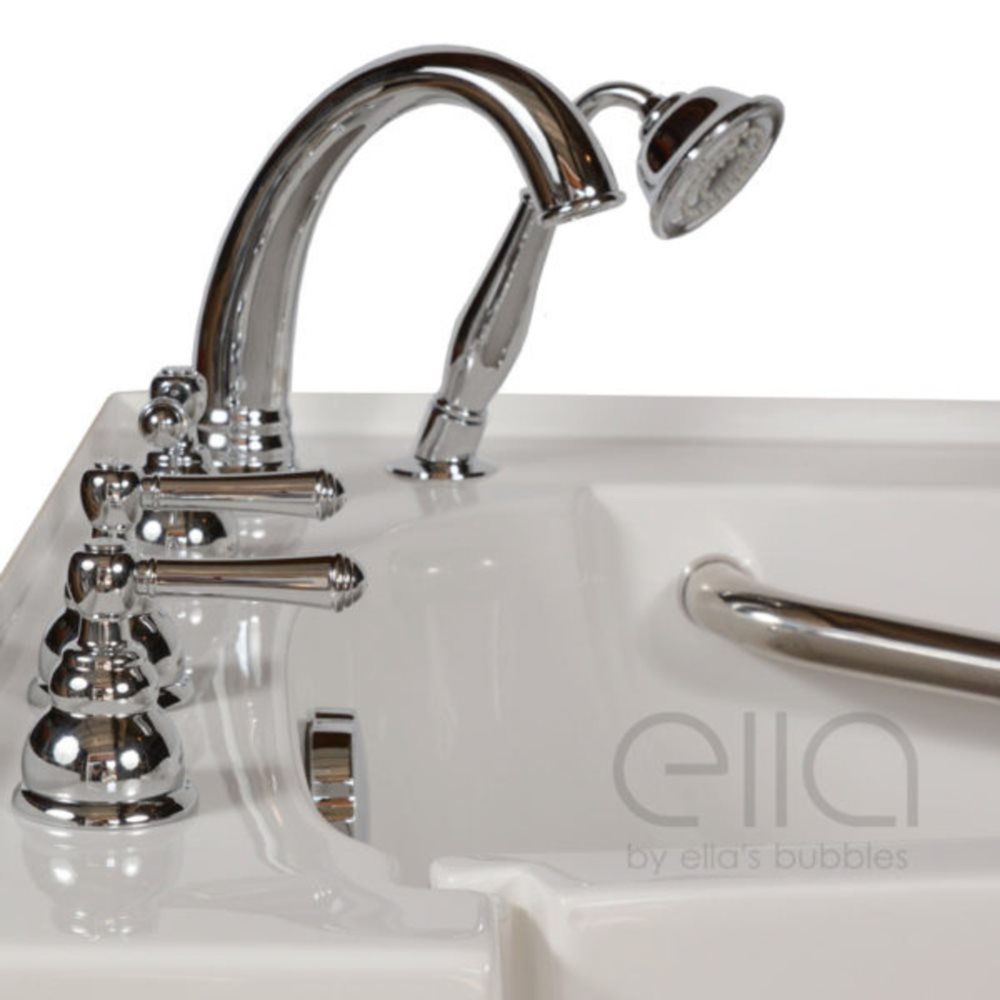 Chrome Jandon Retro Roman faucet with handheld shower and grab bar on an Ella walk-in tub deck