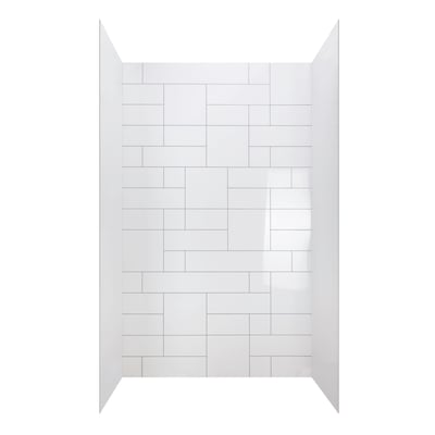 Kit de pared de ducha acrílico de tres piezas blanco con patrón de azulejo rectangular dispuesto y líneas de juntas grises