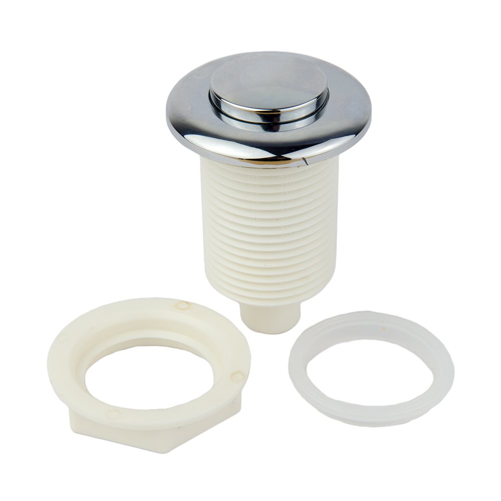 Chrome push control button assembly for an Ella walk-in tub with its threaded body and mounting rings