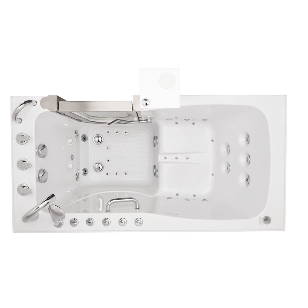 Overhead view of the Ella Ultimate walk-in tub showing air jets, hydro jets, foot massage jets and grab bars