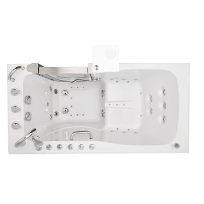 Overhead view of Ella Ultimate walk-in tub showing air jets, hydro jets, foot massage jets, grab bars, and anti-slip seat