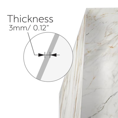 Close-up diagram showing 3mm thickness of Calacatta Luxor marble-look shower wall panel with gold veining detail