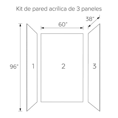 Diagrama de líneas del kit de revestimiento de pared de ducha acrílico de 3 paneles de Ella mostrando dimensiones de 96,5 × 152,4 × 243,8 cm etiquetadas en cada panel