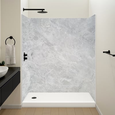 Walk-in accessible shower stall with Blue Savoy marble-look wall panels, white low-threshold base, and matte black rainfall showerhead