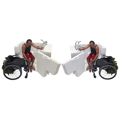 Person transferring into the Ella Transfer 30 walk-in tub showing left and right door configurations side by side