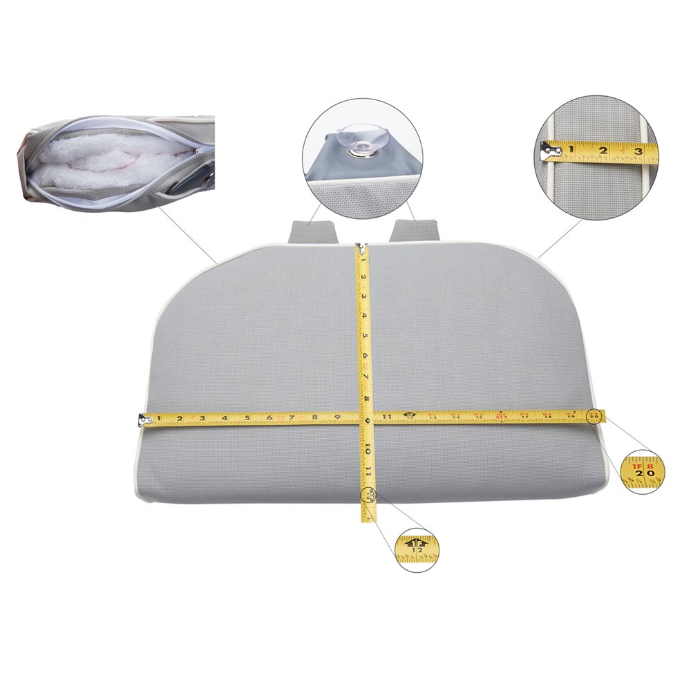Gray Ella walk-in tub seat pillow and riser measured with a tape at 20.5 inches wide, showing its suction cup straps