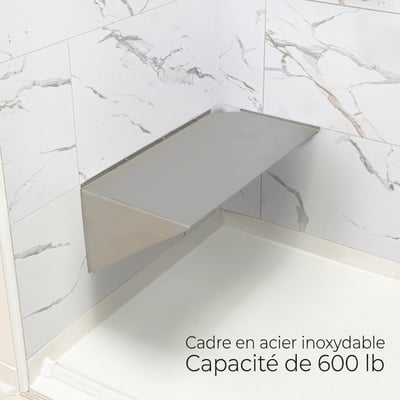 Siège de douche d’angle mural avec cadre en acier inoxydable et capacité de 600 lb, installé contre des murs en carrelage de marbre
