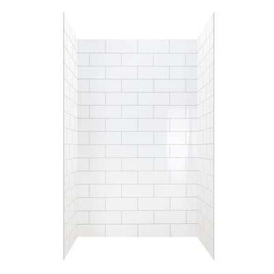 Kit de paredes de ducha de acrílico blanco de 3 piezas con patrón de azulejo tipo metro, acabado brillante y líneas de lechada grises