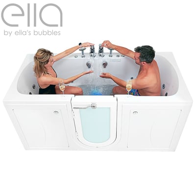 Couple sitting face-to-face testing water flow in the Ella Big4Two two-seat walk-in bathtub with dual faucets and champagne glasses