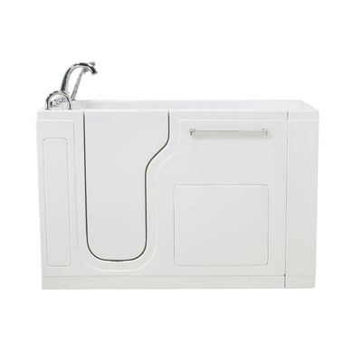 White Ella S-Class acrylic walk-in tub 28x53 with inward swing door, chrome grab bar, and faucet on white background
