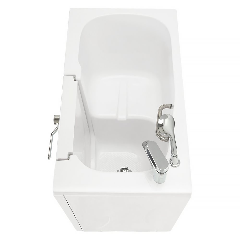 Overhead view of an Ella walk-in tub with an outward-swing door, chrome grab bar, faucet and anti-slip floor mat