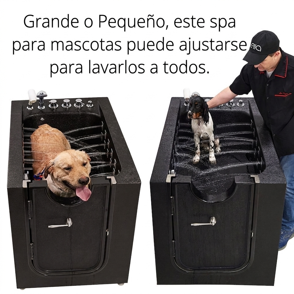 Golden retriever grande y spaniel pequeño bañándose en la bañera de aseo Pet Spa con terapia de microburbujas de Ella