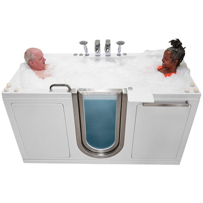 Two seniors relaxing together in the Ella Escape two-seat walk-in tub with air and hydro massage bubbles and chrome faucet set