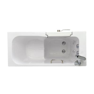 Vista superior de la bañera con puerta Ella con puerta de apertura hacia fuera, asiento lounger, barra de apoyo y controles de grifo cromado