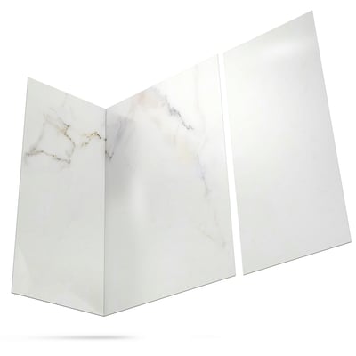 Three-panel Calacatta Chic acrylic shower wall surround with white marble veining pattern for accessible shower installation