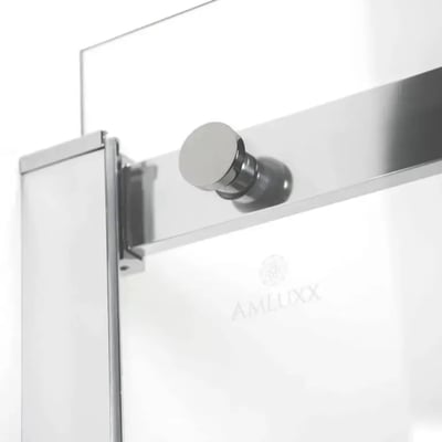 Close-up of chrome sliding hardware and hinge on the Amluxx BEHL08 8mm tempered glass shower door panel