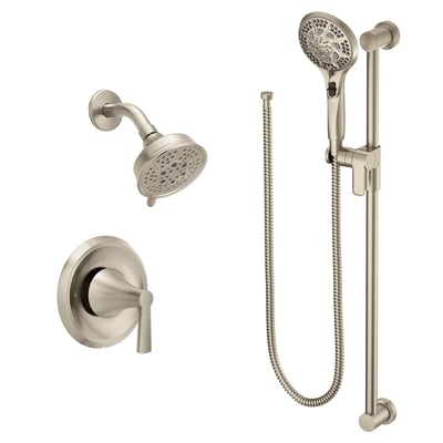 Brushed nickel shower system with wall-mount showerhead, single-handle valve, and handheld shower on adjustable slide bar