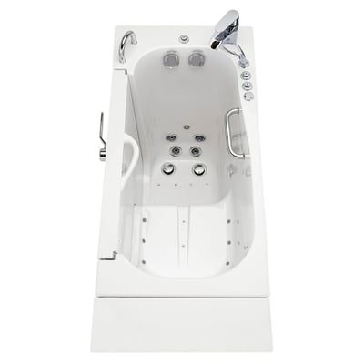Overhead view of Ella Transfer 26 ADA accessible walk-in tub with hydro jets, grab bar, and outward swing door