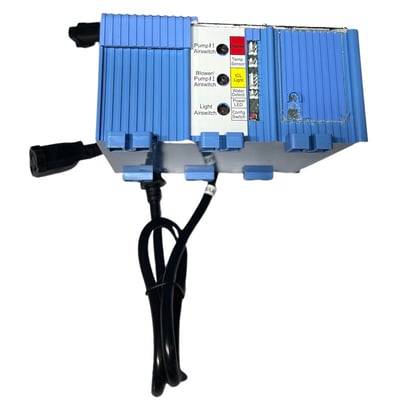 Blue walk-in tub control box with pump airswitch, blower, temp sensor, and power LED indicator ports